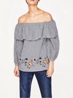 Zara Woman Gingham Off-Shoulder Floral Embroidered Blouse Medium